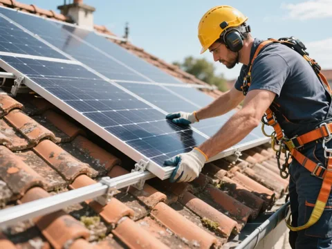 Installateur posant un panneau solaire sur une toiture en tuile en France