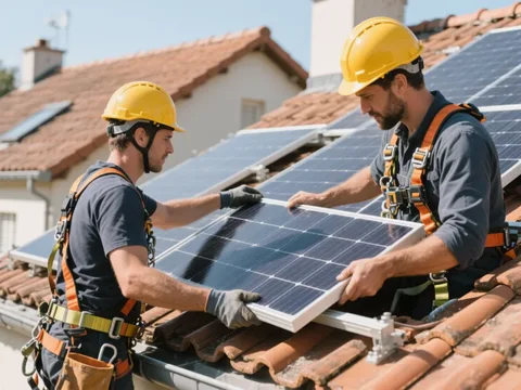 Installateur posant un panneau solaire sur une toiture en tuile en France