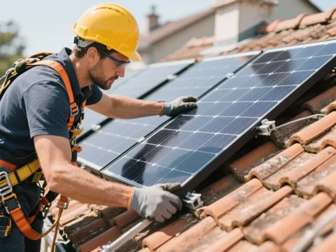 Installateur posant un panneau solaire sur une toiture en tuile en France