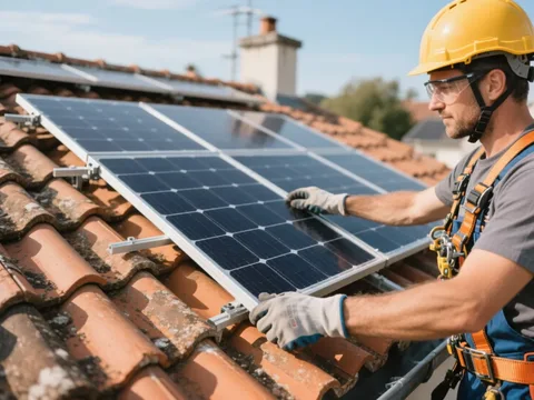 Installateur posant un panneau solaire sur une toiture en tuile en France