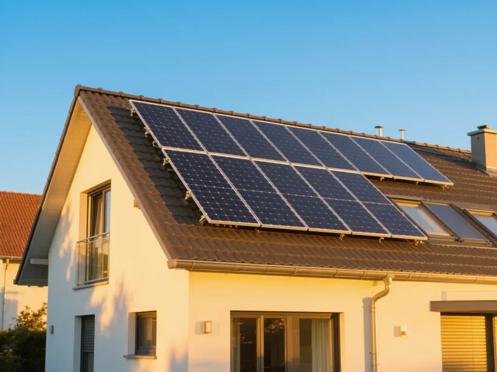 Maison avec panneaux solaires photovoltaïques sous lumière dorée du matin