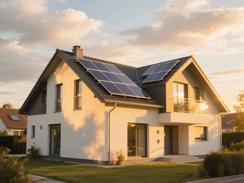 Maison avec panneaux solaires photovoltaïques sous lumière dorée du matin