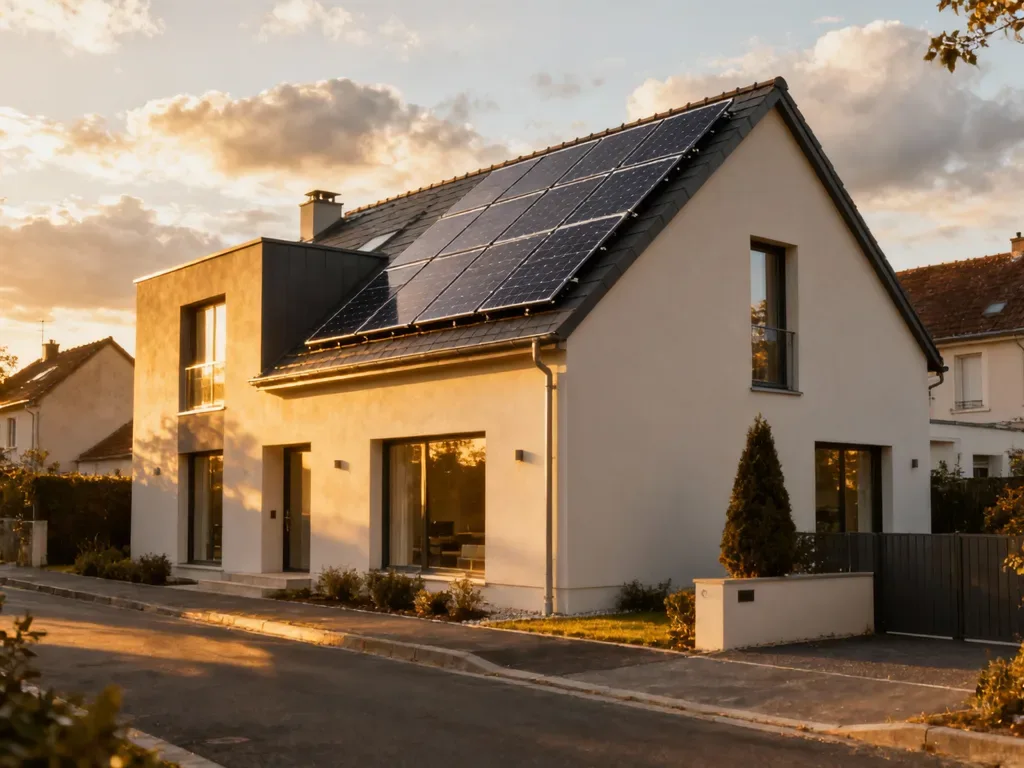 Maison avec panneaux photovoltaïques en France, installation moderne sous lumière du matin