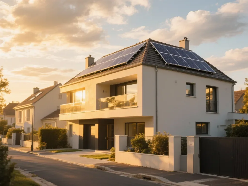 Maison avec panneaux photovoltaïques en France, installation moderne sous lumière du matin