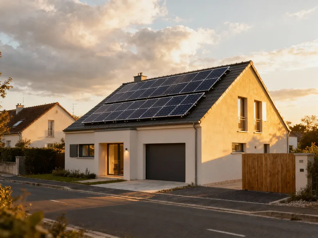 Maison avec panneaux photovoltaïques en France, installation moderne sous lumière du matin
