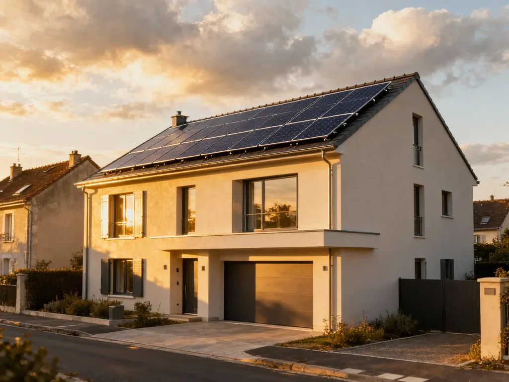 Maison avec panneaux photovoltaïques en France, installation moderne sous lumière du matin