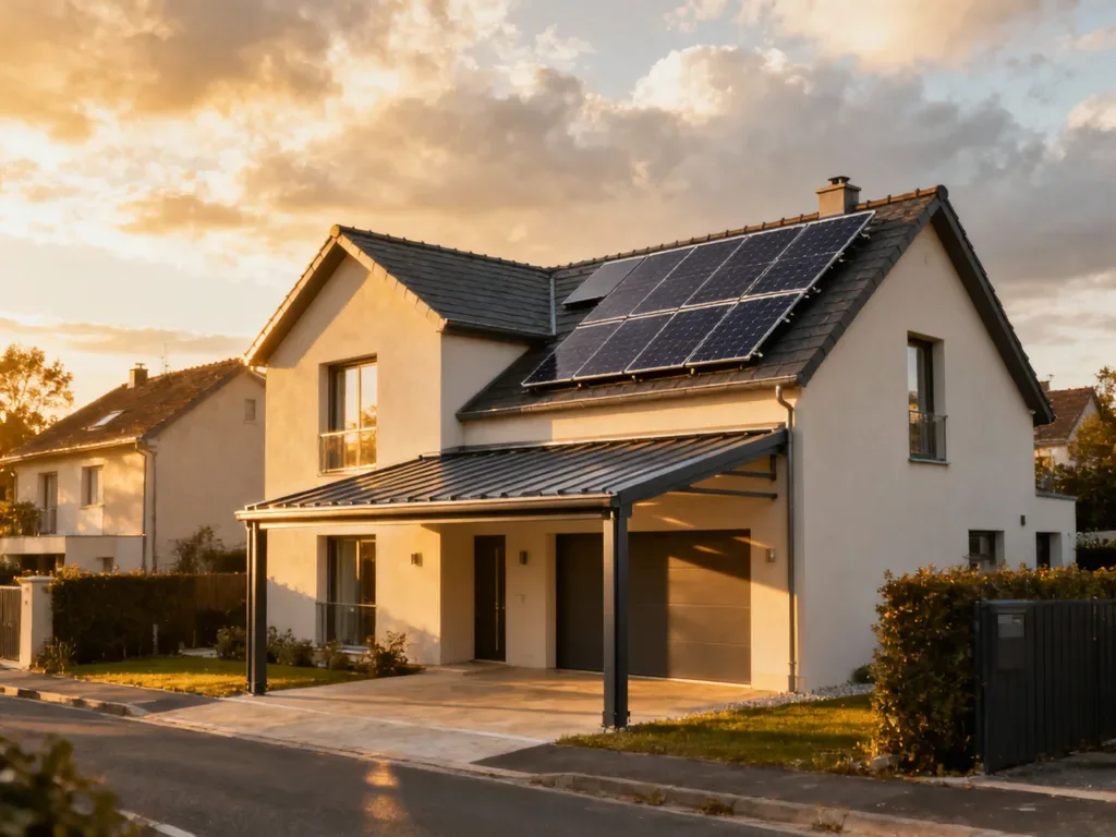 Maison avec panneaux photovoltaïques en France, installation moderne sous lumière du matin