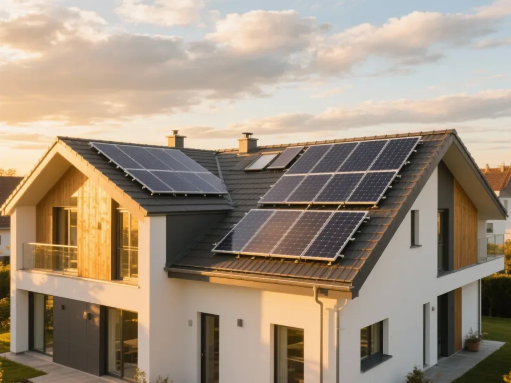 Maison avec panneaux solaires photovoltaïques sous lumière dorée du matin